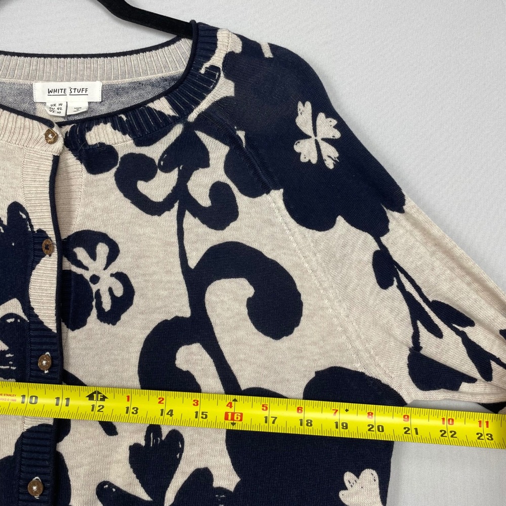 White Stuff Floral Organic Cotton Cardigan Navy Blue Cream US 10 UK 14 - Picture 9 of 10
